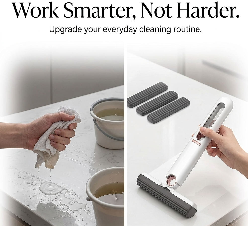 Trendova SwiftWipe Pro – Mini Mop for Kitchen, Floor, Glass & Car | Self-Squeeze Sponge Mop, Wet & Dry Cleaning Tool