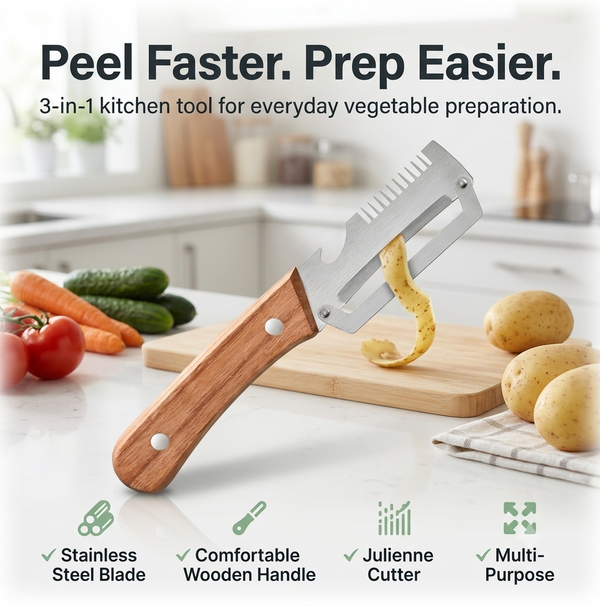 Trendova PeelEdge Pro – 3-in-1 Stainless Steel Vegetable Peeler, Julienne Cutter & Grater
