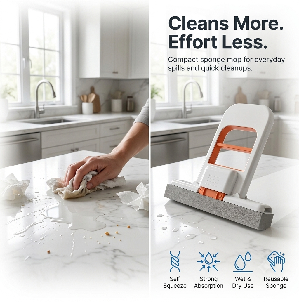 Trendova AquaSwipe Pro – Mini Foldable Mop for Kitchen | Self-Squeeze Sponge Mop